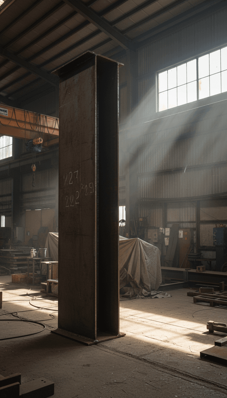 Industrial documentary aesthetic vertical shot of a fabricated steel girder standing in a workshop, sunlight streaming through a high window, dust particles visible, raw industrial setting, no people, honest lighting, muted earth tones