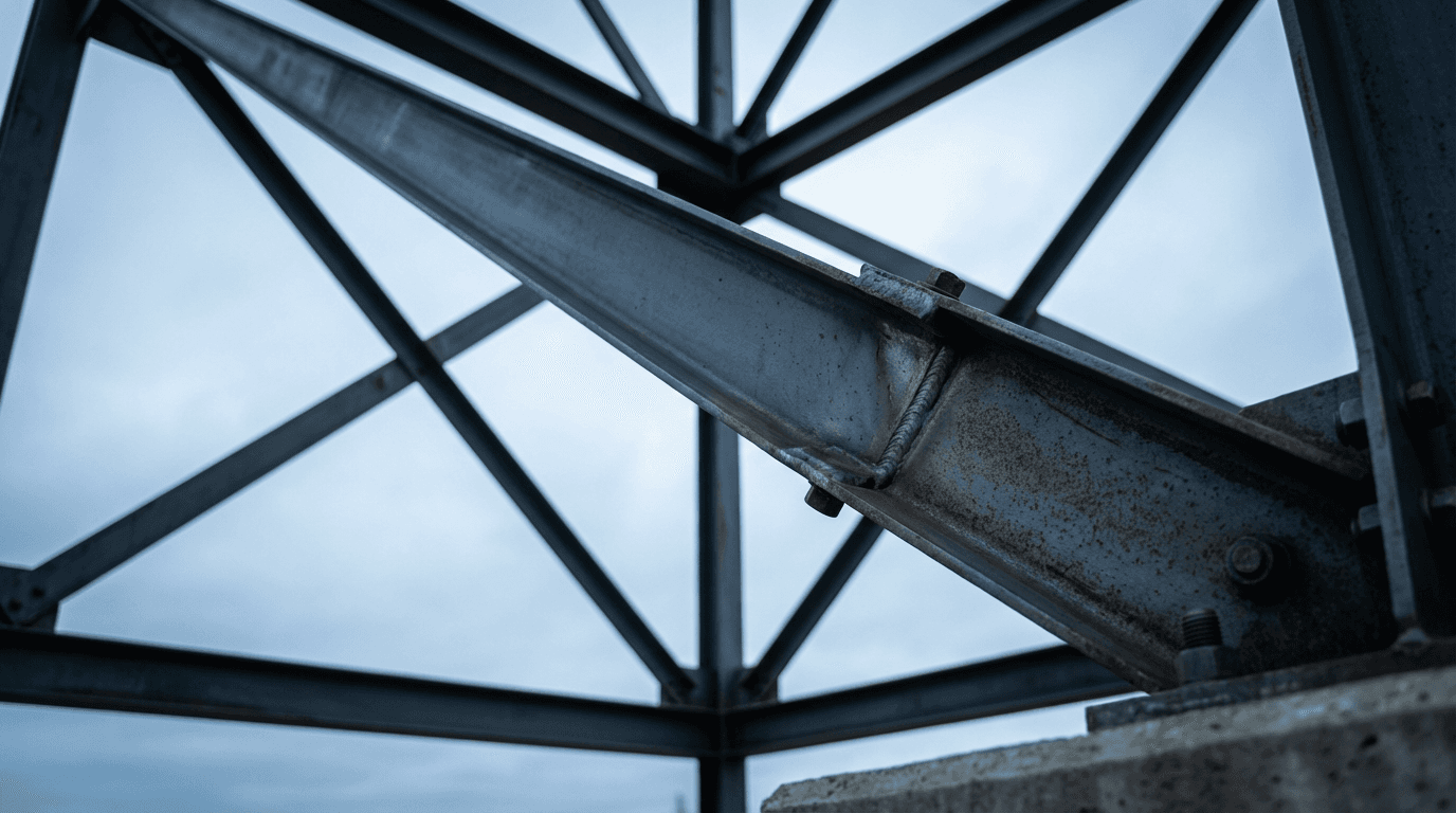 Industrial documentary wide shot of a steel-framed industrial shed under construction, concrete foundation plinths in the foreground