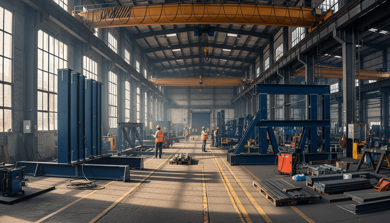 Industrial documentary aesthetic medium shot of a completed heavy crane girder structure standing in a fabrication yard, painted steel lattice and solid plate girders, clear blue sky, low angle looking up to emphasize scale and strength, natural sunlight, dusty ground, honest and sturdy mood, muted grays with rust orange accents.