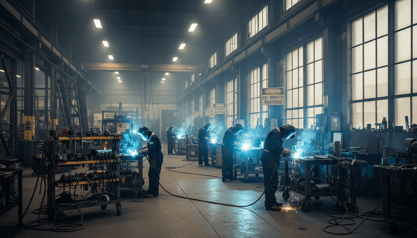 Industrial fabrication workshop with heavy machinery and workers