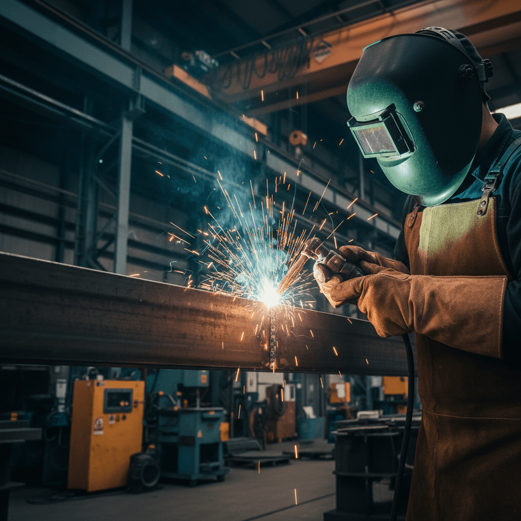 Welder's gloved hands finishing a weld on a custom steel bracket
