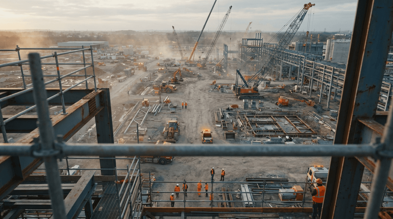 Raw documentary action shot of a mobile crane lifting a steel beam into place at a construction site, dust and clear sky