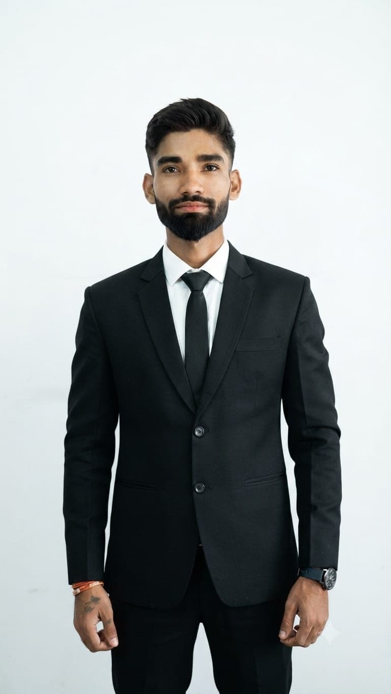 Bearded man in a black suit and tie standing against a plain white background.
