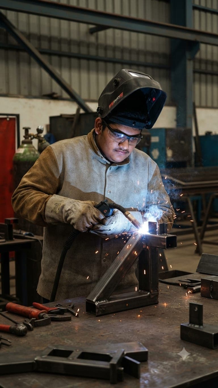 A young man in safety gear welds metal, creating bright sparks in an industrial workshop.