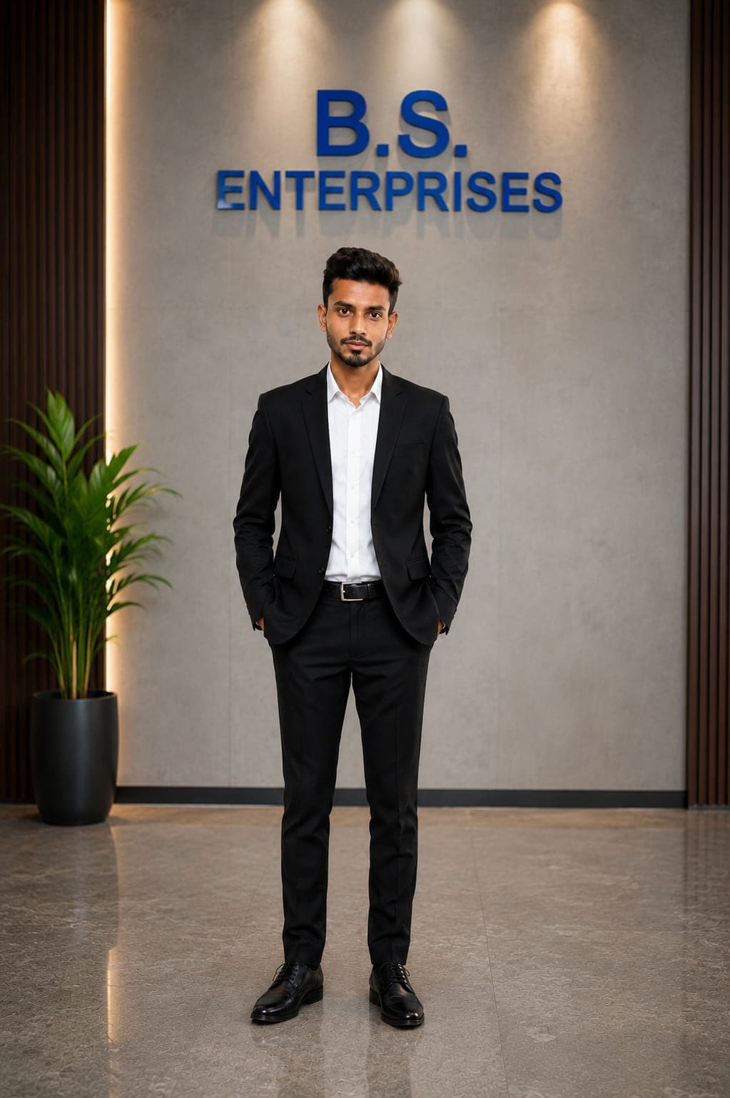 Professional man in black suit standing before a B.S. Enterprises sign in an office.